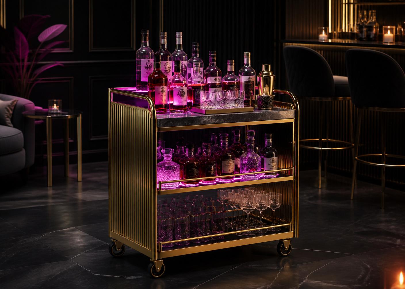 Wasted On Wheels mobile bar setup with neon-lit bottles and gold frame